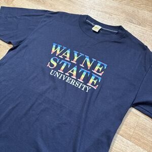 Vintage Wayne State University T Shirt 80s Blue Velva Sheen 50/50 Rainbow L